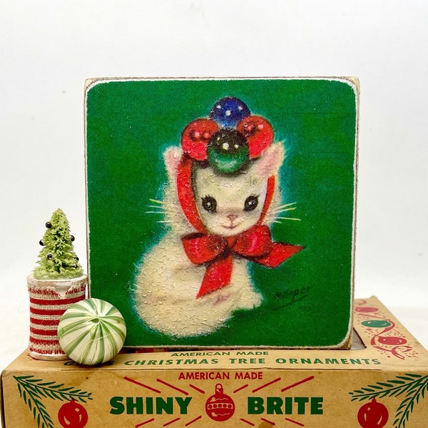 HANDMADE Vintage Style Christmas Kitty Wood Signs/Shelf Sitters