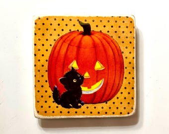 Handmade Vintage Style Halloween Jack O Lantern Wood Tile Magnet ~ 3 x 3
