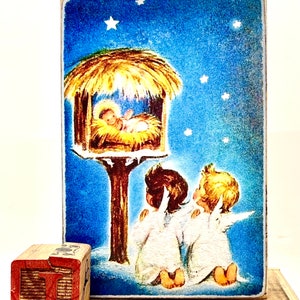 Vintage Style Christmas Angel w/ Baby Jesus Wood Block Sign/Shelf Sitter