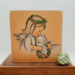 Vintage Style Christmas Angel w/ Lamb Wood Block Sign/Shelf Sitter