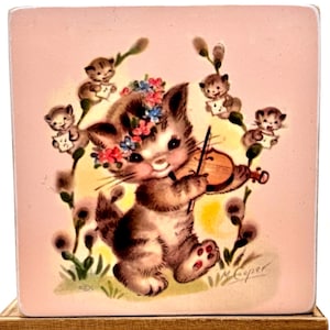 Plaque/tablette en bois de chaton de Pâques de style vintage fait main