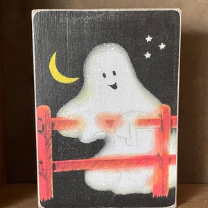 Handmade Vintage Style Halloween Ghost Wood Sign/Shelf Sitter