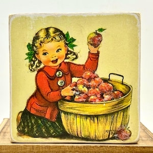 Handmade Vintage Style Apple Picking Girl Wood Sign/Shelf Sitter