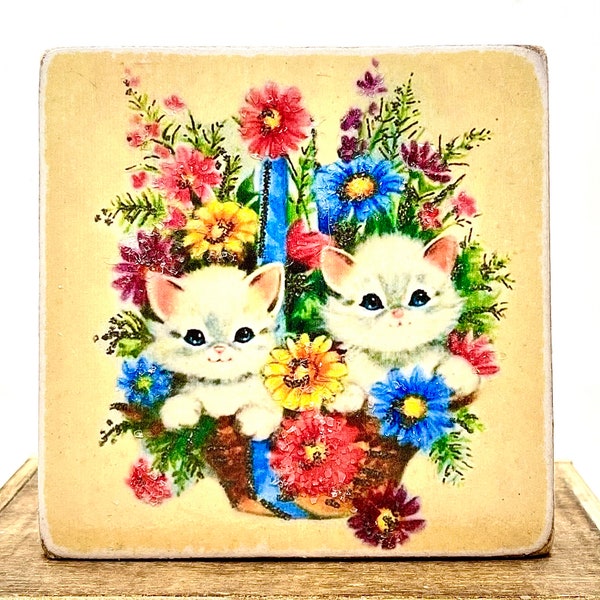 Handmade Vintage Style Spring Kittys Flower Basket Wood Sign/Shelf Sitter