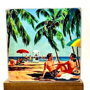Plaque/tablette en bois faite main style Mid-Century Beach Day en bois