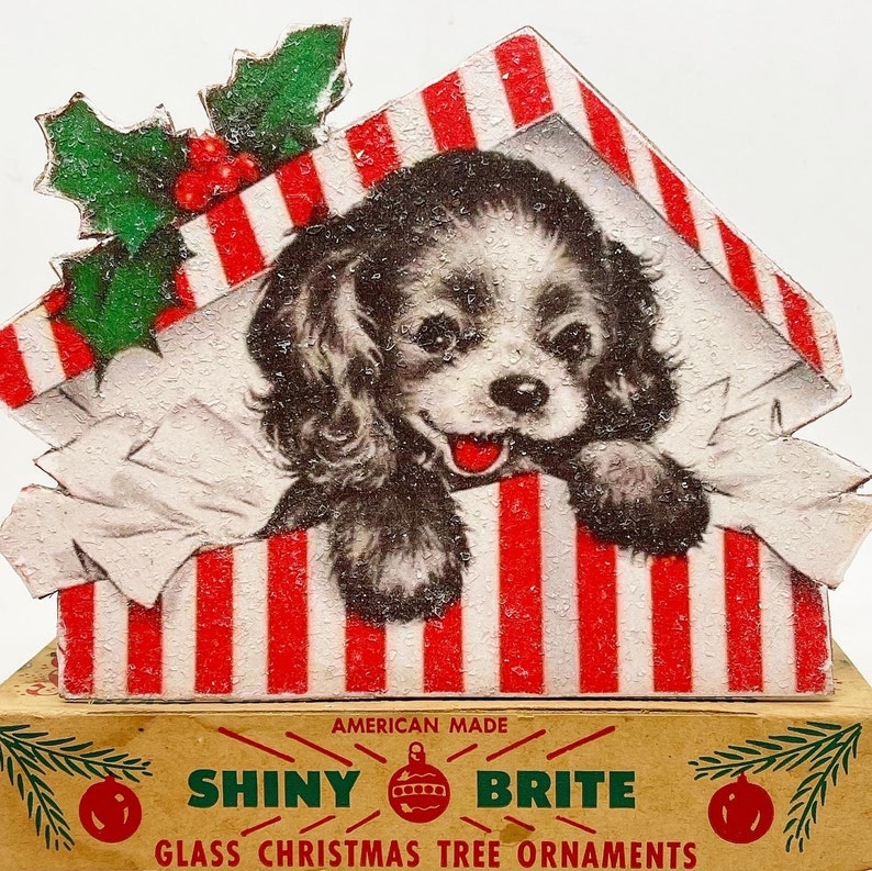 Handmade Vintage Style Christmas Standees Puppy in Gift Box