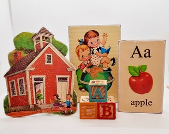 Handmade Vintage Style School Days Wood Block Signs/Shelf Sitters