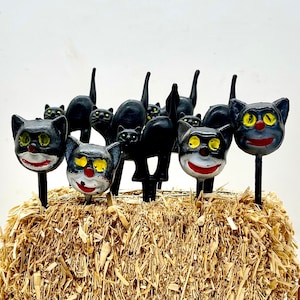 Vintage Black Cat, Witch, and Pumpkin Halloween Pick/Cake Topper Sets