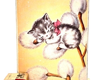 Handmade Vintage Style Spring Kitty Wood Sign/Shelf Sitter