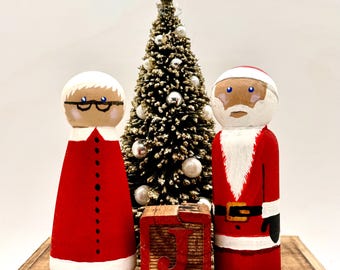 Hand Painted by Emily Wood Santa Claus and Mrs. Claus Peg Doll Set