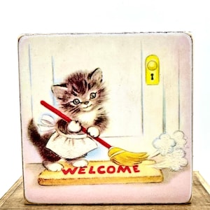Handmade Vintage Style Welcome Kitty Wood Sign/Shelf Sitter