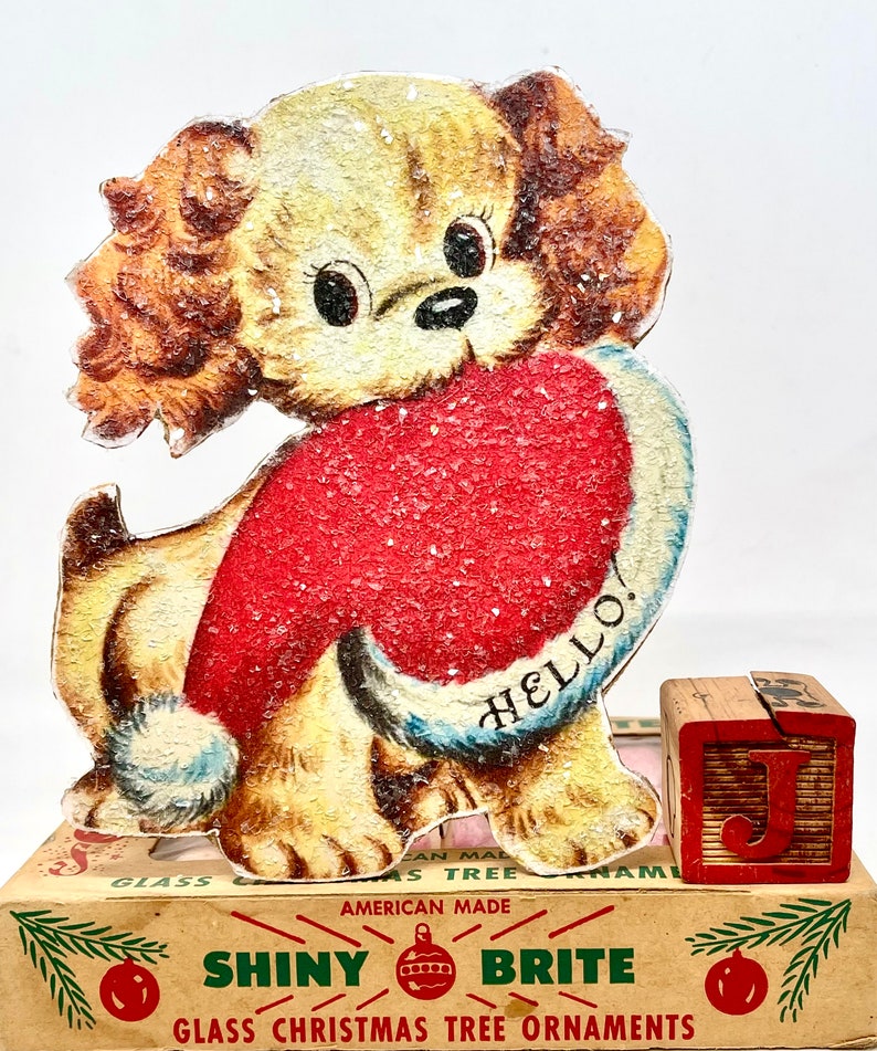 Handmade Vintage Style Christmas Standees Santa Hat Pup