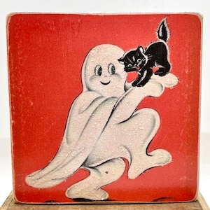 Handmade Vintage Style Halloween Ghost and Black Cat Wood Sign/Shelf Sitter