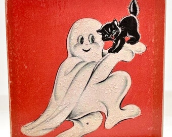 Handmade Vintage Style Halloween Ghost and Black Cat Wood Sign/Shelf Sitter