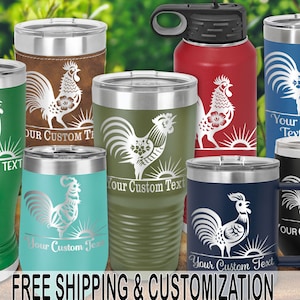 May include: A set of eight stainless steel tumblers and a water bottle featuring a rooster design with a sunrise in the background. The tumblers are in various colors, including green, brown, blue, and turquoise. The water bottle is red. The tumblers and water bottle have the text "Your Custom Text" on them.