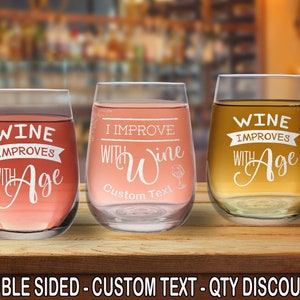 Wine Improves With Age 21oz Stemless Wine Glass Double-Sided Etching one w/ FREE Customization image 1