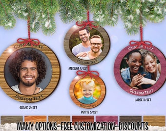 cset! Exotic Wood Frame 2/Set - 5/Set ROUND Holiday Photo Ornament w/ Free Personalization by Red Tail Crafters