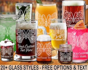 1.z Glass Beautiful Butterflies Professionally Laser-Etched Beer/Wine/Cocktail (one) w/ FREE Personalization (6GLB) by Red Tail Crafters