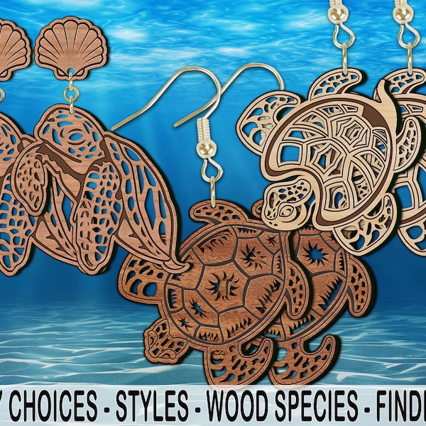 JW! Earrings Sassy Sea Turtles (1/set of 2) Laser-Engraved/Cut Wood w/ Style, Findings & Wood Options by Red Tail Crafters