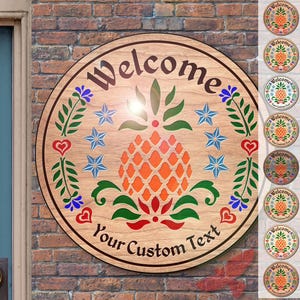 hxw: WELCOME PINEAPPLE Engraved Wood Hand-Painted (08-36&quot;) PA Dutch Hex Sign by Red Tail Crafters