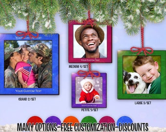 cset! Brightly Dyed Frame 2/Set - 5/Set SQUARE Holiday Photo Ornament w/ Free Personalization by Red Tail Crafters