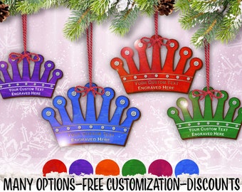 Orn: Royal Crown Brightly Dyed-Wood w/ Swarovski Crystals Holiday Ornament (one) Free Personalization by Red Tail Crafters