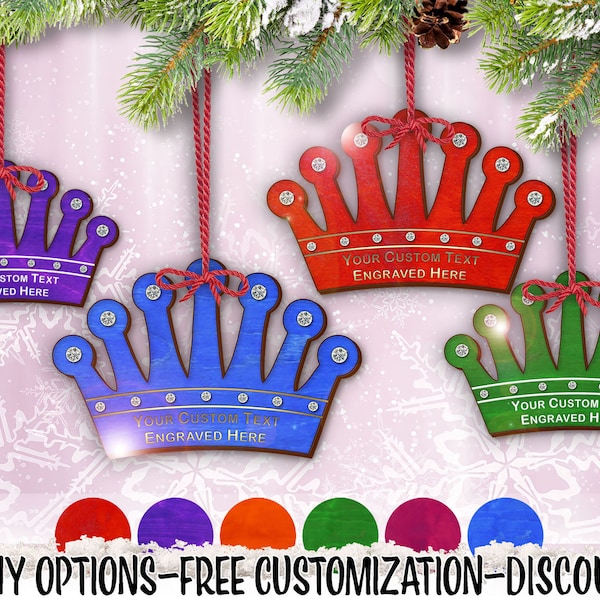 Orn: Royal Crown Brightly Dyed-Wood w/ Swarovski Crystals Holiday Ornament (one) Free Personalization by Red Tail Crafters