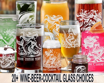 gl: MAGICAL MYSTICAL MERMAIDS Glass Wine/Beer/Cocktail Laser-Etched w/ Free Personalization by Red Tail Crafters (b08)