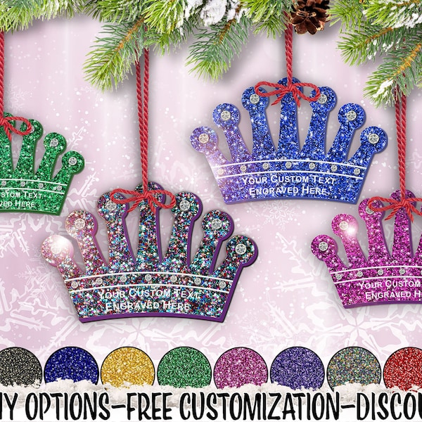 Orn: Royal Crown Glitter-Acrylic w/ Swarovski Crystals Holiday Ornament (one) w/ Free Personalization by Red Tail Crafters