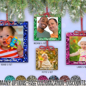 cset! Chunky-Glitter Frame 2/Set - 5/Set SQUARE Holiday Photo Ornament w/ Free Personalization by Red Tail Crafters