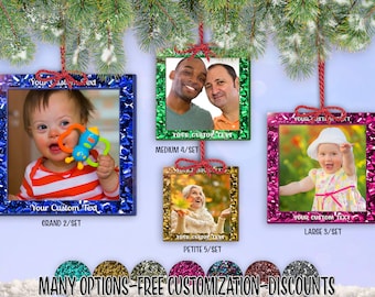 cset! Jumbo Glitter Frame 2/Set - 5/Set SQUARE Holiday Photo Ornament w/ Free Personalization by Red Tail Crafters