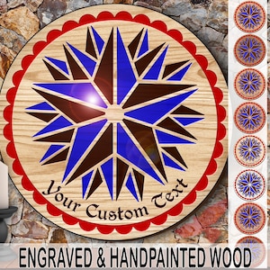 hxw: TRIPLE STAR Engraved Wood Hand-Painted (08-36&quot;) PA Dutch Hex Sign by Red Tail Crafters