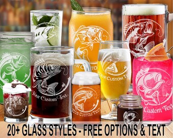 1.z Glass Rod & Reel Fishing Professionally Laser-Etched Beer/Wine/Cocktail (one) w/ FREE Personalization (8GLB) by Red Tail Crafters