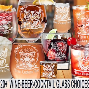 gl: AWESOME OWLS Glass Wine/Beer/Cocktail Laser-Etched w/ FREE Personalization by Red Tail Crafters