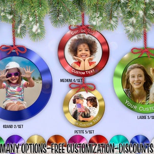 cset! Mirrored Frame 2/Set - 5/Set ROUND Holiday Photo Ornament w/ Free Personalization by Red Tail Crafters