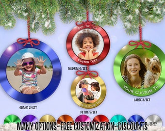 cset! Mirrored Frame 2/Set - 5/Set ROUND Holiday Photo Ornament w/ Free Personalization by Red Tail Crafters