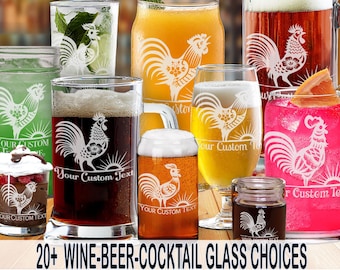 gl: ROUSING ROOSTERS Glass Wine/Beer/Cocktail Laser-Etched w/ FREE Personalization by Red Tail Crafters