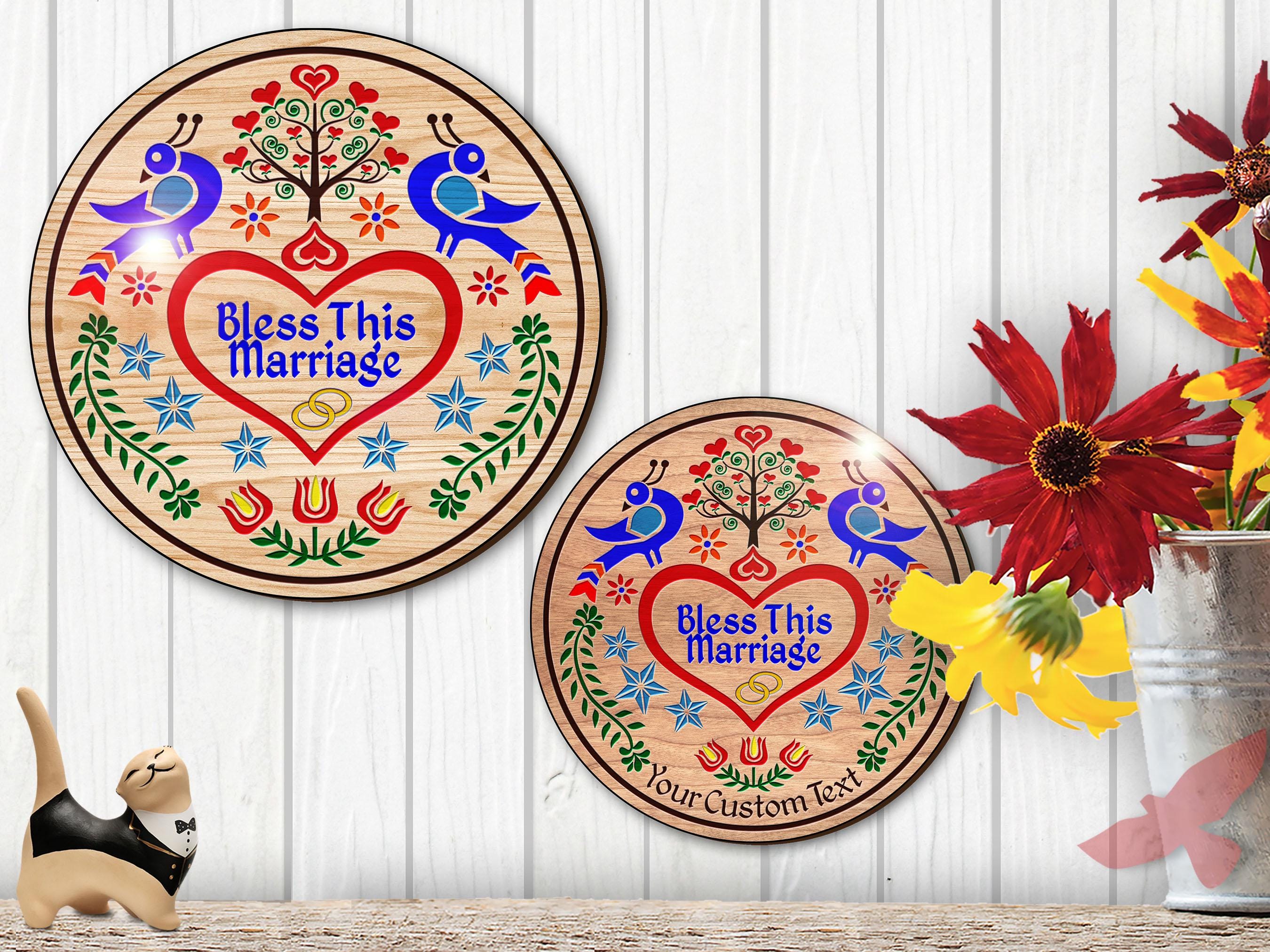 Hxw: BLESS MARRIAGE Engraved Wood Hand-painted (08-36