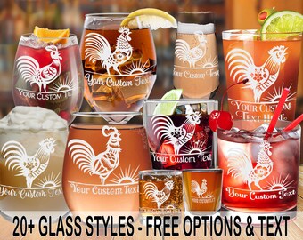 1.z Glass Rousing Roosters Professionally Laser-Etched Beer/Wine/Cocktail (one) w/ FREE Personalization (4GLA) by Red Tail Crafters