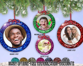 cset! Jumbo Glitter Frame 2/Set - 5/Set ROUND Holiday Photo Ornament w/ Free Personalization by Red Tail Crafters