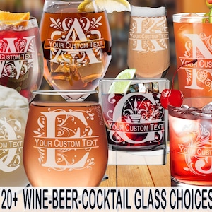 gl: ROYAL REGAL Split MONOGRAM Glass Wine/Beer/Cocktail Laser-Etched w/ Free Personalization by Red Tail Crafters