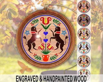 hxo: UNICORNS Ornament Engraved Wood Pa Dutch Hex Sign by Red Tail Crafters