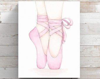 Ballet Slippers Watercolor Flower Canvas Print - Pink Ballerina Shoes Art - Wrapped Canvas Print