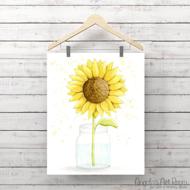 Sunflower in Mason Jar Watercolor Print Flower Painting Etsy