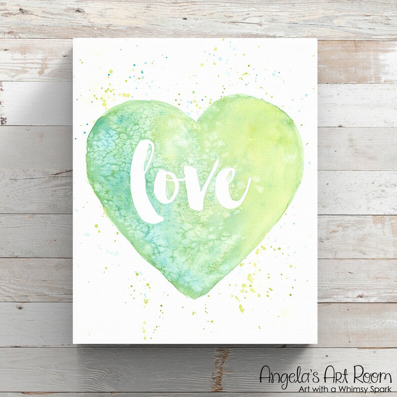 Green Heart Painting Love Heart Watercolor Canvas Print Canvas of Watercolor Love Quote Original Art by Angela Weber