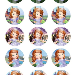 Może przedstawiać: Dwunastu okrągłych topperów na babeczki z kreskówkową księżniczką o długich, rudych włosach, która nosi fioletową sukienkę i koronę. Księżniczka jest w różnych pozach, w tym huśta się na huśtawce, stoi przed zamkiem i stoi w lesie.