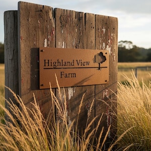 Custom Corten Steel Farm Sign, Personalized Metal Barn Plaque shown in an AI-generated listing photo