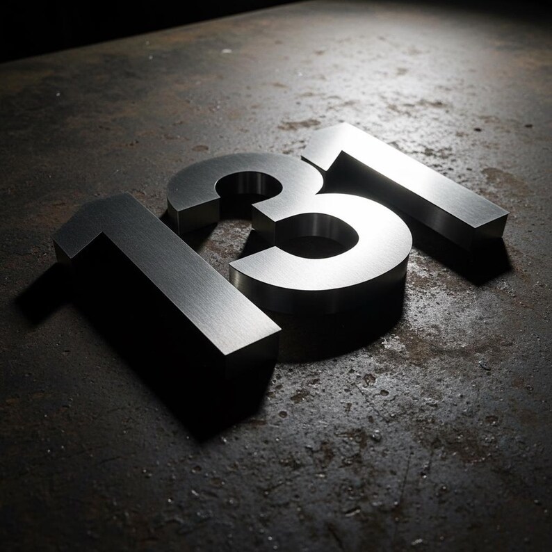 Laser Cut Stainless Steel House Numbers - 8 Inch Custom Font shown in an AI-generated listing photo