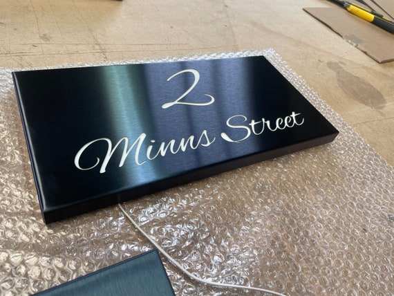Black Brushed Stainless Steel LED Illuminated House Sign Plaque - Made to Order, Laser Cut