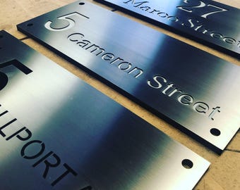 Custom House Sign in Stainless Steel, Laser Cut with Background Options